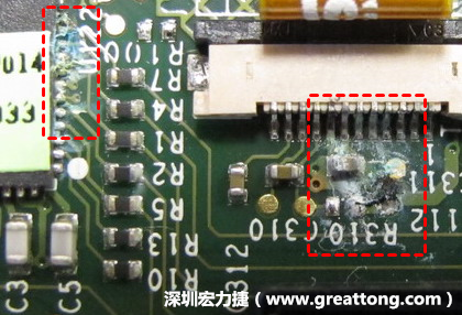 電路板疑似腐蝕氧化，懷疑電流異常過熱造成