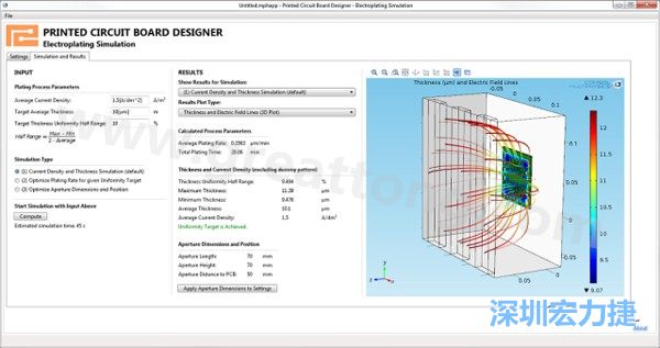電鍍App的用戶界面。它支持PCB板設計人員上傳不同的設計，修改電鍍槽尺寸，以及加入特定尺寸的孔隙(可選)-深圳宏力捷