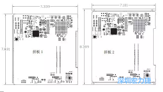 如圖11所示在兩種拼板中PCB單元的邊條位置不同，拼板1中邊條在長邊方向，而拼板2中邊條在短邊方向-深圳宏力捷