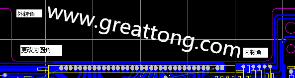 PCB設(shè)計(jì)時(shí)單面板的轉(zhuǎn)角都需為圓角,R1.0mm或R2.0mm為宜。