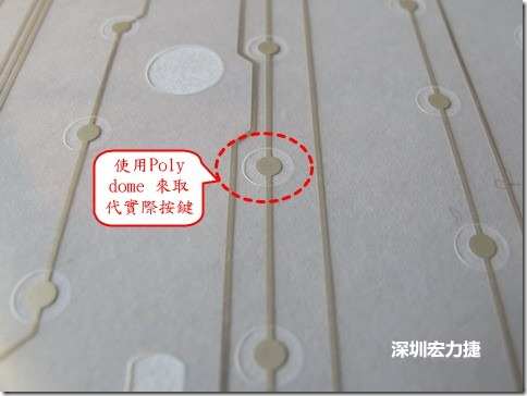 仔細看下面的第一張圖片，在圓形的節點旁邊有個圓形的開口，這個開口墊高了鍵盤按鍵的接觸點線路。
